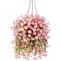Hanging artificial pink and white petunia basket with green leaves and black metal chain - Pink with Gradient Edge