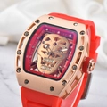 Orologio tonneau con teschio, cassa in oro rosa e cinturino in silicone rosso vivace - Oro Rosa-Rosso