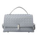 Detail of grey-blue woven leather crossbody bag with rectangle silver metal lock - Blue