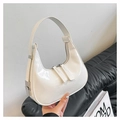 Glossy white patent leather hobo bag with dual zipper and trendy crescent shape - White
