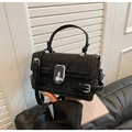 Elegant black crocodile pattern crossbody bag with a silver twist lock for women - Black