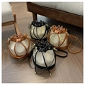 Straw woven and canvas bucket bags with drawstring closure and leather trim options - Pure White (Leather Patchwork White Canvas)
