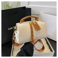 Beige Boston bag with geometric triangular embossing and brown leather straps - White