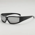 Futuristic Y2K wrap-around sunglasses with silver mirror lenses and glossy black frame - B03Y-2 / Black Frame Silver Mirror
