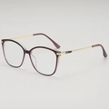 Modern dark red cat-eye eyeglasses frame with gold metal temples on grey background - Transparent Dark Brown