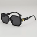 Chic oversized polygon sunglasses with hollowed-out letter temples and golden B logo - Black Frame Grey Lens