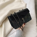 Retro black sequin chain shoulder bag with glossy patent leather and turn-lock closure - Black