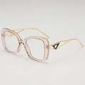 Pink translucent frame glasses with gold metal temples and heart-shaped detail - Light Tea Frame