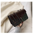 Chic chain crossbody bag featuring dark coffee patent leather and colorful sequins - Coffee