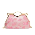 Pink floral embroidered evening handbag with gold metal handle and chain strap - Pink Flower Embroidery