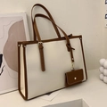 Minimalist large tote bag in off-white with brown leather trim and hanging coin purse - Dark Brown