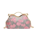 Vintage floral embroidery handbag with gray fabric, gold clasp and chain strap - Grey Floral Embroidery