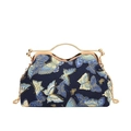 Dark blue fabric evening bag with golden butterfly pattern and metallic handle - Navy Blue Butterfly Pattern