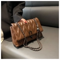 Dark brown quilted square handbag with adjustable metal chain and buckle closure - Coffee