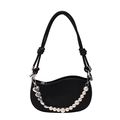Black wavy faux leather shoulder bag with metallic heart chain and pearl accents - Black