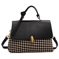 Borsa a mano pied-de-poule con patta in pelle nera e chiusura girevole dorata - Nero