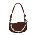 Brown faux leather half moon shoulder bag with silver heart and pearl chain detail - Brown