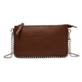 Dark brown leather crossbody bag with silver metal bead trim and delicate chain strap - Brown