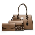Three-piece women's handbag set in khaki brown faux leather with leopard print accents - Three-Piece Set / Khaki