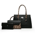 3-piece black leather tote set with leopard print accents and silver hardware details - Three-Piece Set / Black