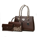 3-piece brown leather handbag set with leopard print accents and silver hardware - Coffee