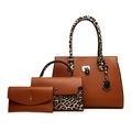 3-piece brown leather tote set with leopard print accents and silver hardware - Three-Piece Set / Brown