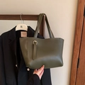 Minimalist olive green leather tote bag with gold buckle detail for daily commuting - Green