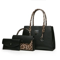 Three-piece black lychee leather handbag set with stylish leopard print patchwork design - Black