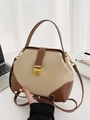 Detalle de un bolso retro beige efecto cocodrilo con adornos de cuero marrón y cierre dorado - Caqui