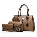 Three-piece khaki tote bag set with leopard print accents and silver hardware detailing - Khaki