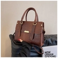 Chic brown crocodile pattern handbag with gold hardware and detachable strap - Brown