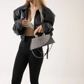Chic grey PU crossbody bag with crocodile texture and unique gold metal curved handle - Dark Gray