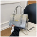 Silver crocodile texture crossbody bag with gold hardware and top handles - Silver