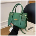 Green crocodile texture handbag with gold metal clasp and detachable shoulder strap - Green