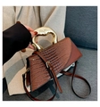 Brown PU handbag with crocodile texture and irregular gold metal handle for women - Dark Brown