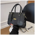 Classic black crocodile pattern handbag with gold hardware and detachable shoulder strap - Black