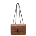 Vintage brown leather crossbody bag with chain strap and metallic H-buckle - Khaki