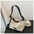 Borsa a tracolla in tela crema con finiture in pelle nera e cerniera con anello metallico - Nero