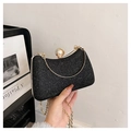 Elegant black glitter evening clutch bag with pearl rhinestone clasp and gold chain strap - Black