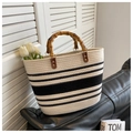 Large capacity striped straw tote bag with bamboo handle and interior tulip decoration - Black & White Stripes