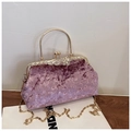 Elegant purple velvet evening clutch with golden butterfly clasp and round handle - Purple