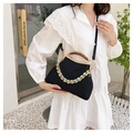 Retro black crossbody bag with wooden handle and chunky gold chain strap decoration - Black