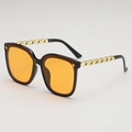 Chic oversized square sunglasses with orange lenses and golden metal chain temples - Black Frame Yellow Lens