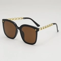Oversized black square sunglasses with gold chain temples and star metal accents - Black Frame Tea Lens
