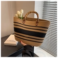 Straw tote bag with contrast brown and black stripes and bamboo handle - Khaki and Black