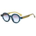 Retro round oversized sunglasses with blue wavy frame and yellow translucent temples - Blue Frame Top Gray Bottom Blue Lens