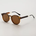 Vintage-Sonnenbrille mit rundem Schildpatt-Rahmen, braunen Gläsern und Metallbügeln - Leoparden-Rahmen / Teebraune Gläser