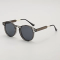 Retro durchscheinende graue Sonnenbrille mit runden Gläsern und Goldmetallbügeln - Transparent Grau Gold Bügel Grau Linse
