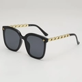 Square black sunglasses with gold chain temples and star metal stud accents - Black Frame Grey Lens