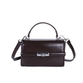 Classic dark brown top-handle bag in glossy synthetic leather with silver metal turn-lock - Brown